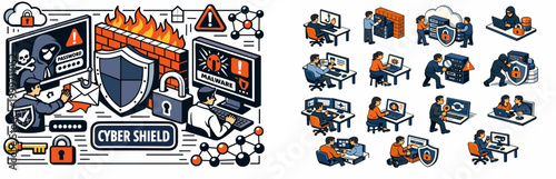 Cybersecurity threats and protection concepts with hackers and digital security measures