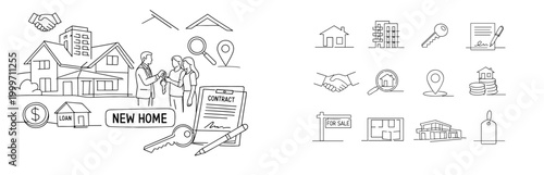 Real estate transaction with new home purchase, contract signing, and key handover