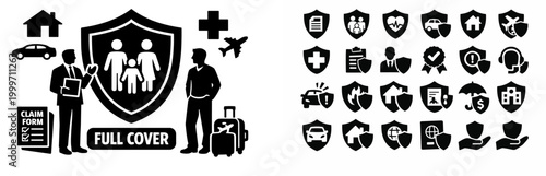 Comprehensive insurance protection coverage icons and symbols for various life aspects