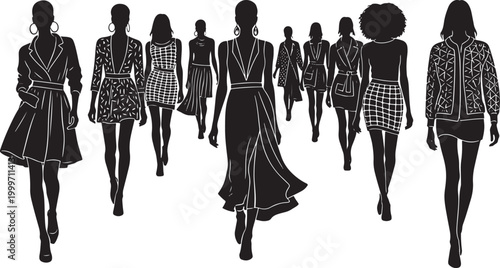 Diverse group of women models walking on a runway with silhouette