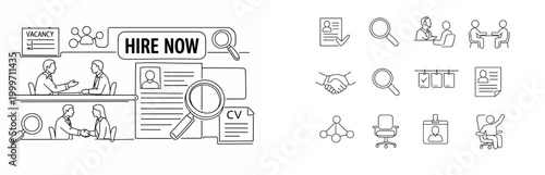 Hiring process and recruitment icons for talent acquisition and job search