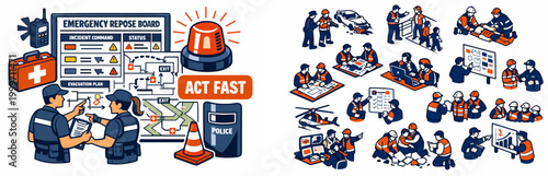 Emergency response team coordinating actions on a command board and in various scenarios