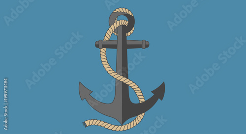 Gray anchor with rope wrapped around.
