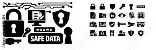 Digital security icons and symbols for data protection and access control