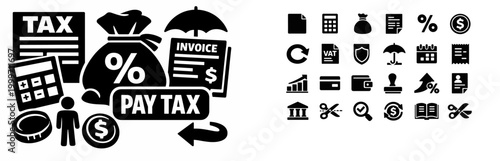 Financial icons representing taxes, payments, and business calculations
