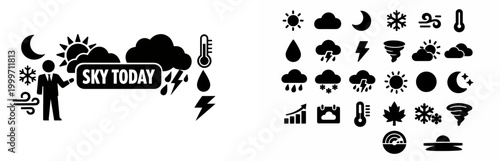 Collection of weather forecast icons and symbols for forecasting and meteorology