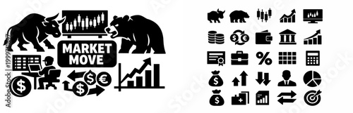 Bull and bear market trading icons representing financial growth and investment strategies