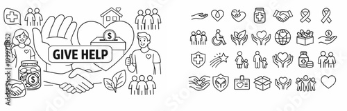 Set of icons and illustrations for volunteering and charitable giving