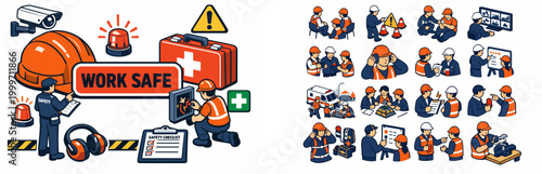 Workplace safety illustrations showing workers and equipment for accident prevention