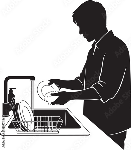 Silhouette of a man washing dishes in a kitchen sink with a person sta