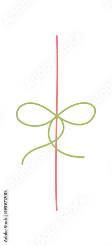 Whimsical hand drawn wedding bow with wavy string line in soft red and green. Cute romantic ribbon knot as minimal border and simple frame for valentine card or wedding invite template modern decor