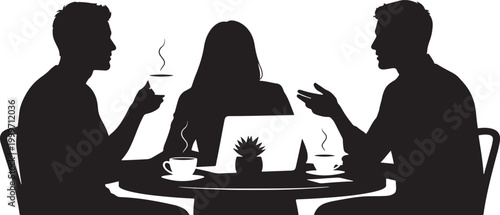 Silhouettes of three people sitting at a table with a laptop