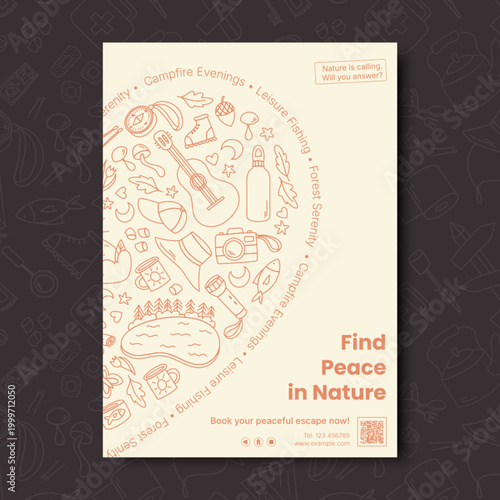 Vertical camping banner with sketch style shows travel and adventure in forest nature. Outline and doodle picnic as summer hiking scene. Outdoor vertical format, beige brown color, camp concept.