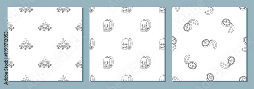 Seamless expedition pattern with hiking campfire, backpack and compass motif in hand drawn doodle line style set. Adventure camp set for travel and colorful camp backgrounds, graphic for outdoor