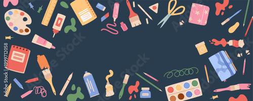 Flat art tool background template with colorful palette, pencil and brush on dark rectangle surface. Artist supplies frame scene as creative study kit for school or workshop and watercolor stationery