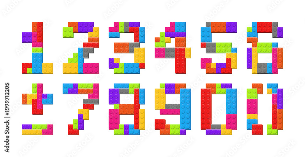 Fototapeta premium Numbers font alphabet made with colored plastik constructor parts isolated on transparent background. Play and build concept. Vector PNG illustration