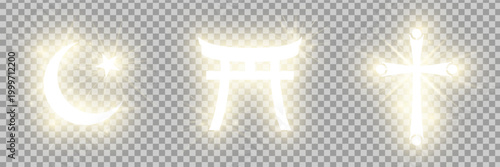 Shining gold Riligious symbols pack isolated on transparent background: Crescent and star (Islam sign), Tori Gate (Shinto sign), Catholic cross (Catholicism). Vector illustration