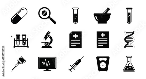medical science icons set in black and white silhouette high quality professional detailed modern elegant stylish clean crisp vibrant colorful digital