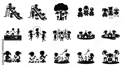 children playing various activities in silhouette high quality professional detailed modern elegant stylish clean crisp vibrant colorful digital creative innovative contemporary