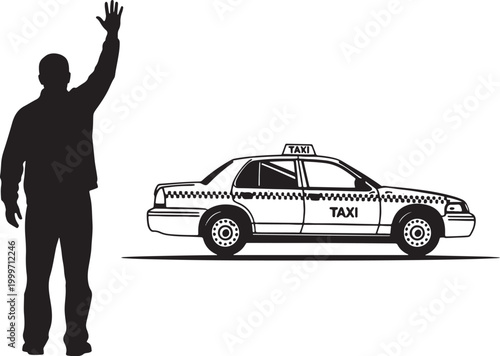 Silhouette of a man hailing a taxi cab black and white a man's silho