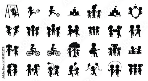 children playing various activities black silhouette high quality professional detailed modern elegant stylish clean crisp vibrant colorful digital creative innovative contemporary