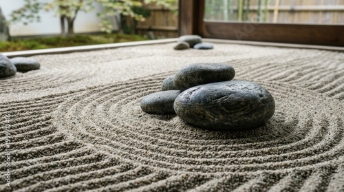 Closeup zen rock garden with large smooth stones and raked sand circles for japanese meditation background and minimalist design