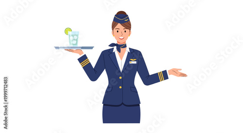 Flight attendant offers a drink on a tray.