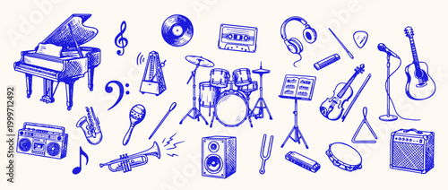 Musical Symphony: A collection of musical instruments, each intricately sketched, composing a vibrant tapestry of sound. A celebration of artistic expression.