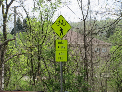 Road trail crossing  sign for hikers and bicycles