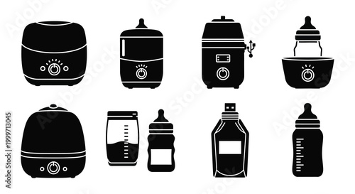 set of baby care appliances and bottles in black silhouette high quality professional detailed modern elegant stylish clean crisp vibrant colorful