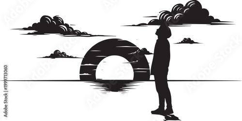 Silhouette of person looking at a sunset behind a bridge with solitude