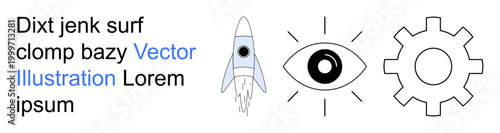 Technology, innovation, vision, mechanics, business strategy, startup ideas. A rocket, an eye and a gear icon side by side. Innovation and vision concept