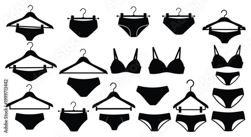 collection of underwear silhouettes on hangers black and white silhouette high quality professional detailed modern elegant stylish clean crisp vibrant colorful