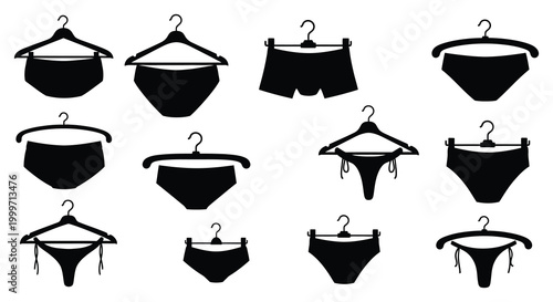 various underwear styles on hangers in black silhouette high quality professional detailed modern elegant stylish clean crisp vibrant colorful digital creative