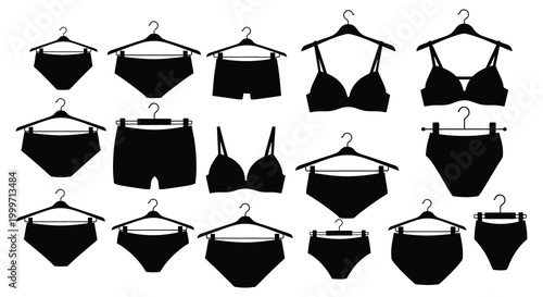 collection of lingerie silhouettes on hangers black and white silhouette high quality professional detailed modern elegant stylish clean crisp vibrant colorful