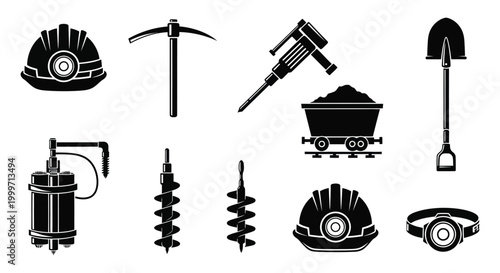 mining tools and equipment silhouettes high quality professional detailed modern elegant stylish clean crisp vibrant colorful digital creative innovative contemporary premium