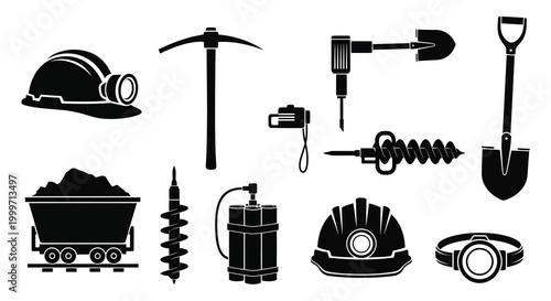 collection of mining tools and equipment silhouettes high quality professional detailed modern elegant stylish clean crisp vibrant colorful digital creative innovative