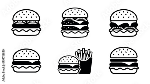 Delicious burgers and crispy fries fast food restaurant graphic illustrations minimalist style top view culinary delight