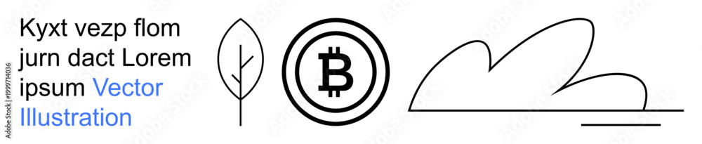 Obraz premium Cryptocurrency, sustainability, eco-finance, digital investments, nature, innovation. Black and white line art showing a Bitcoin symbol, a leaf and a cloud. Cryptocurrency and sustainability concept