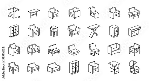 set of isometric furniture icons for interior design including chairs and tables