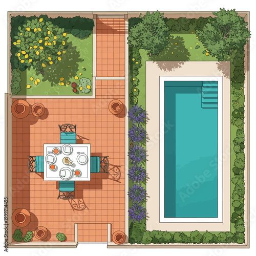 plan view illustration of a modern backyard with a swimming pool patio and garden perfect for outdoor living and landscape design concepts.