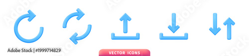 Blue 3d arrow icon set with refresh reload sync upload download bidirectional navigation symbols isolated on white background glossy gradient interface elements