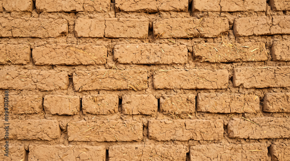 Obraz premium Stacked Sun-Dried Mud Brick Wall in Warm Earthen Tan with Straw Fibers