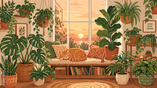 Cozy vector graphic illustration of a peaceful indoor room filled with various houseplants and a sleeping cat enjoying a sunset view.