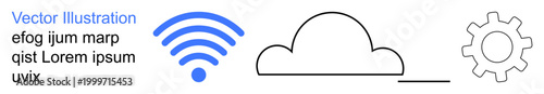 Cloud computing, wireless technology, internet services, digital data, networking, automation. Blue wireless symbol, cloud icon gear symbol. Cloud computing and wireless technology concepts