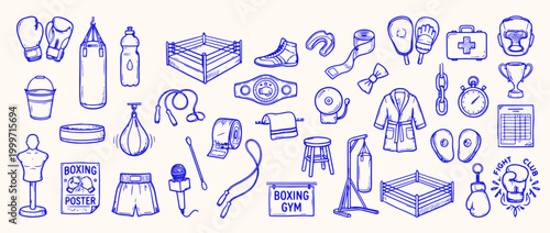 Boxing Essentials: A comprehensive array of boxing equipment is artistically illustrated, showcasing the tools and gear essential to the sport.