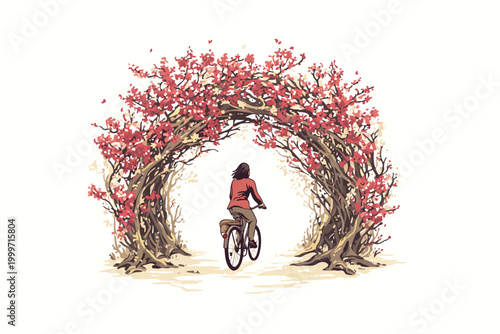 Biking Through Blossom Tunnel Cyclist riding on a pat isolated