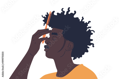 Black man combing hair isolated