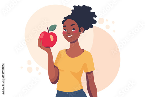 Black woman choosing healthy food eating apple isolated