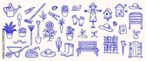Garden essentials and elements Illustration: A hand-drawn illustration showcases various essential gardening tools and elements, perfect for illustrating the art of cultivation and outdoor living.